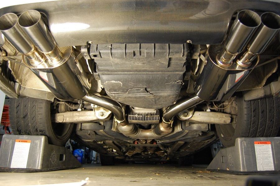 Dual stainless exhaust system from underneath